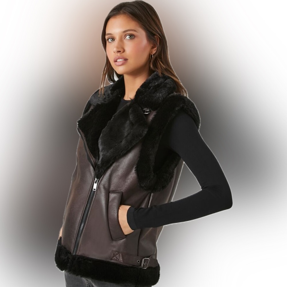 Dark Brown & Black Faux Fur Double-Faced Suede Motorcycle Vest